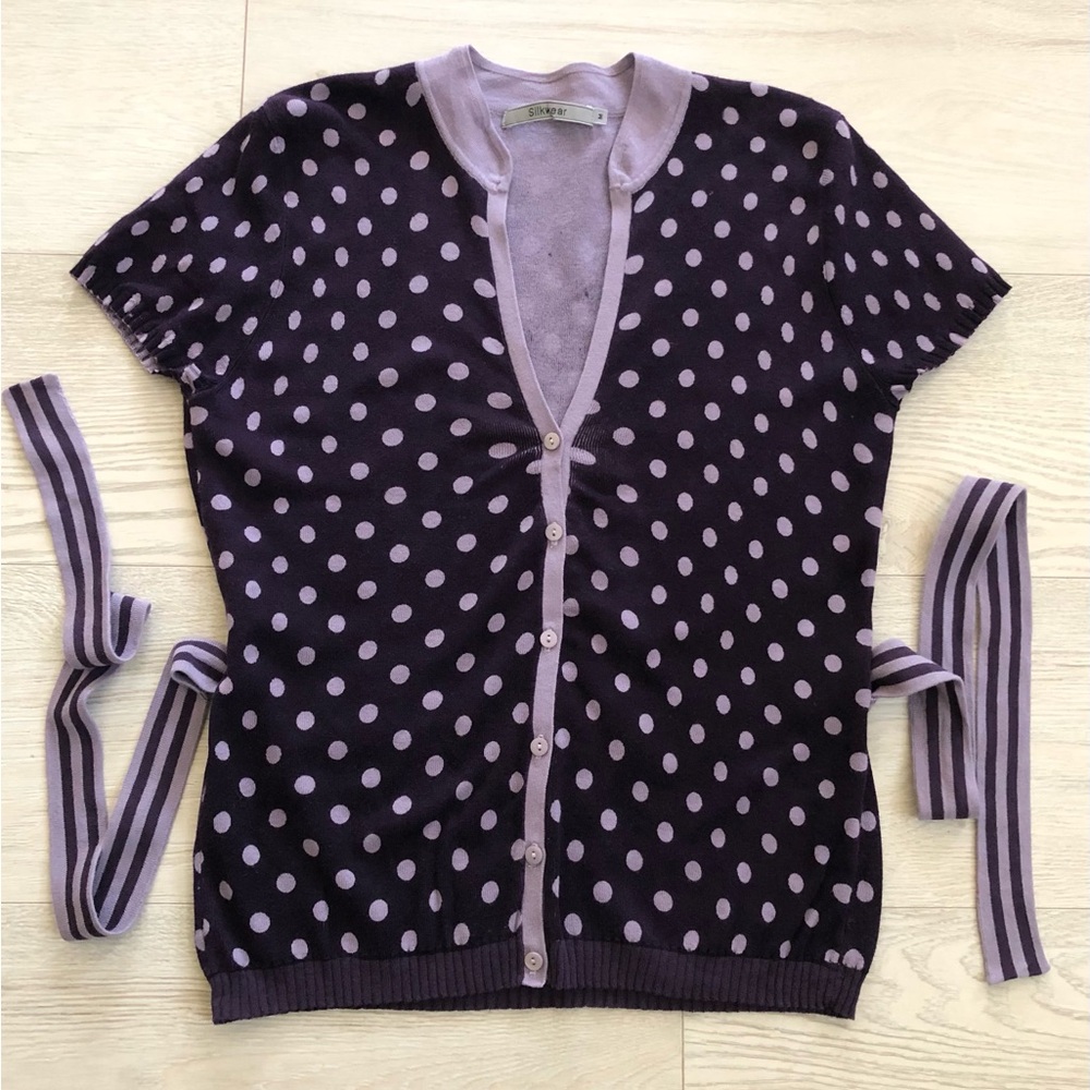 Silkwear Purple Polka Dot Buttoned V-Neck Belted Knit Cardigan Top Blouse - Picture 1 of 16